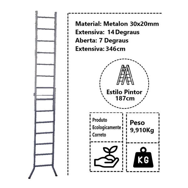 Escada Extensiva 3 Em 1 Metalon 30x20mm 7 E 14 Degraus 187cm - Imagem 4