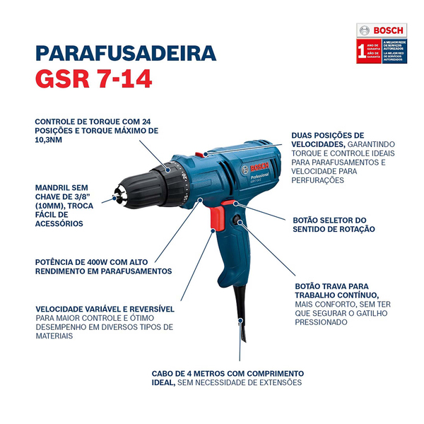 Furadeira e Parafusadeira Bosch 400W 3/8" GSR 7-14 E 220V - Imagem 9